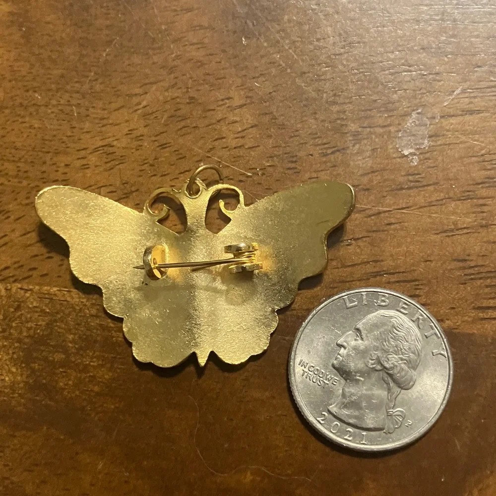 Vintage 70s Cloisonne Butterfly Pendant / Brooch with Gold Tone Chain - Picture 5 of 5